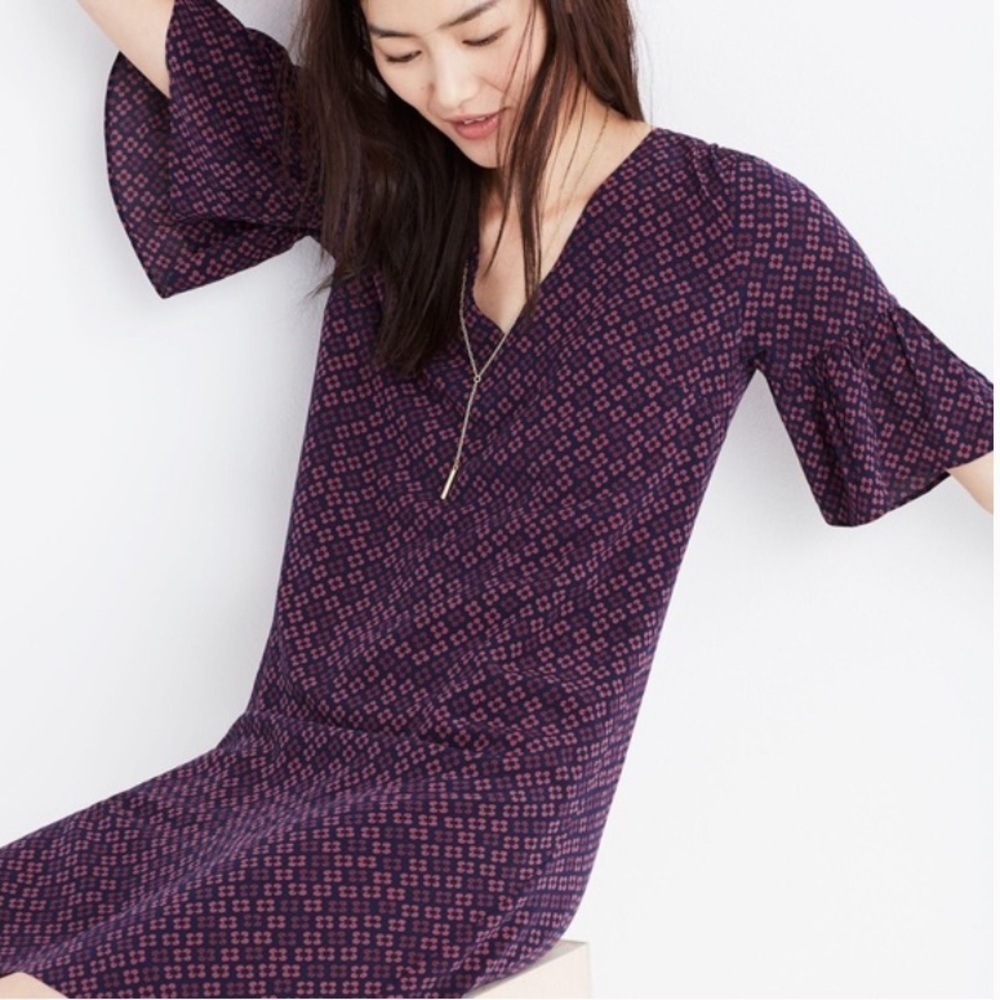 Madewell Painted Clover 100% Silk Bell-sleeve Dress, V-neck, Size 6